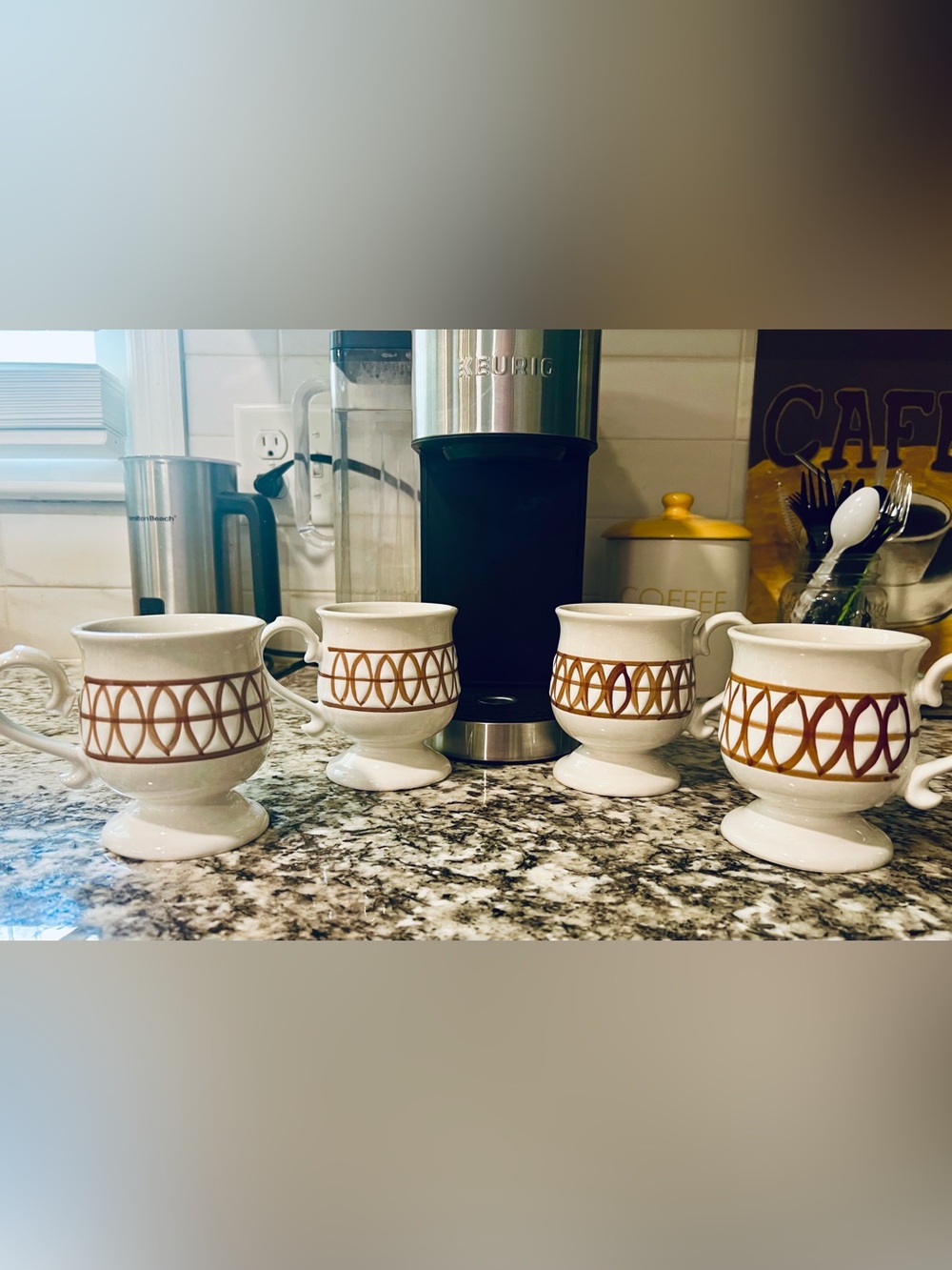 Vintage White pedestal Mugs with reddish brown geometric band